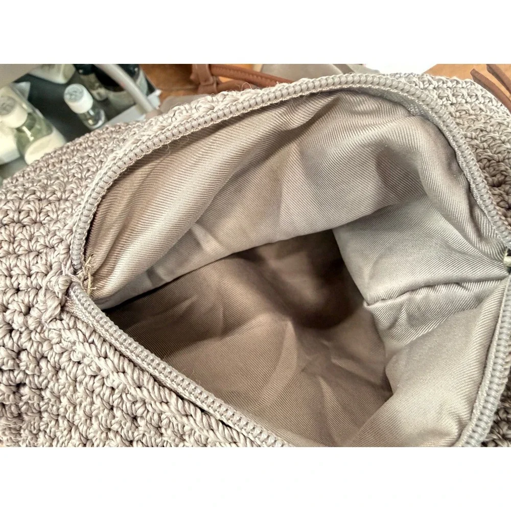 The Sak Avalon Crochet Convertible Backpack Taupe Leather Trim Boho Front Zip